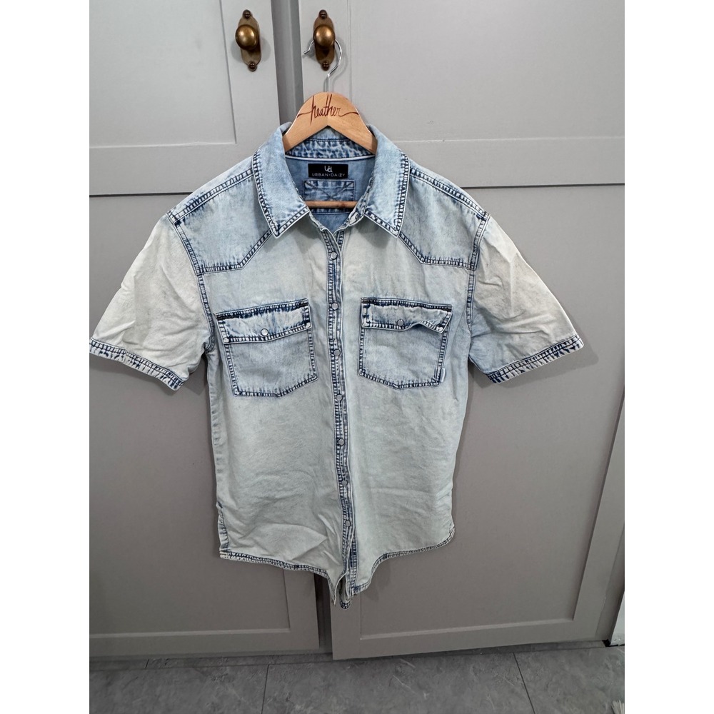 Urban Daizy Womens Light Acid Wash Short Sleeve Denim Western Snap Shirt/dress